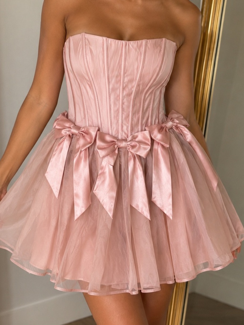 Windsor Jaime Strapless Blush Pink Tulle Corset Mini Dress with Bow Accents
